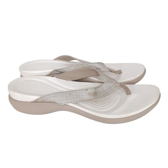 Crocs Capri V Flip Flops White Shimmer Cream Thong Sandals Womens 9 Resort - Picture 4 of 7